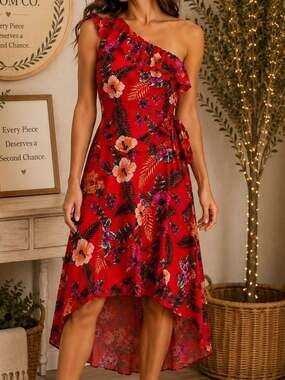 Motel One Red Tropical Floral One-Shoulder High-Low Wrap Dress Women’s Medium